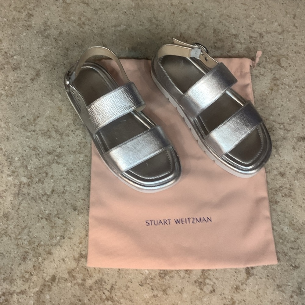 NWOT Stuart Weitzman Elodie Silver Leather Sandals Size 37 (6.5)